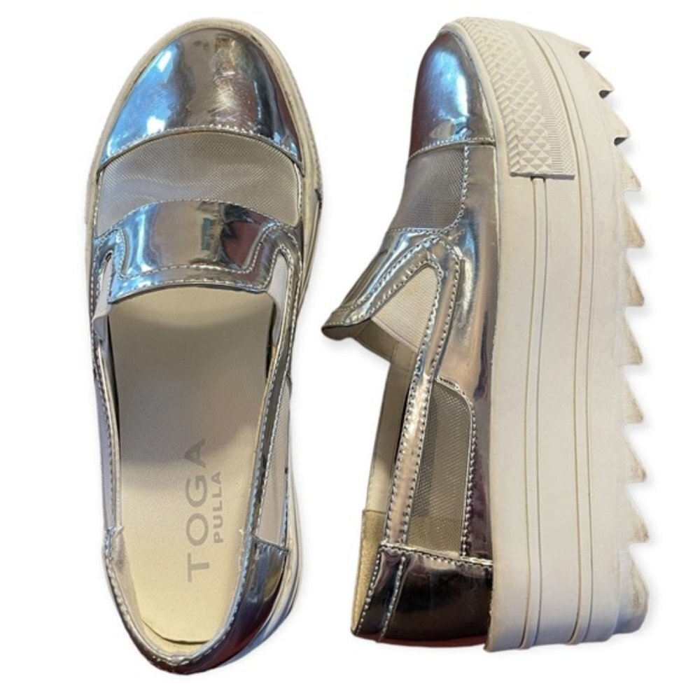 Toga PULLA silver chrome mesh platform loafers
